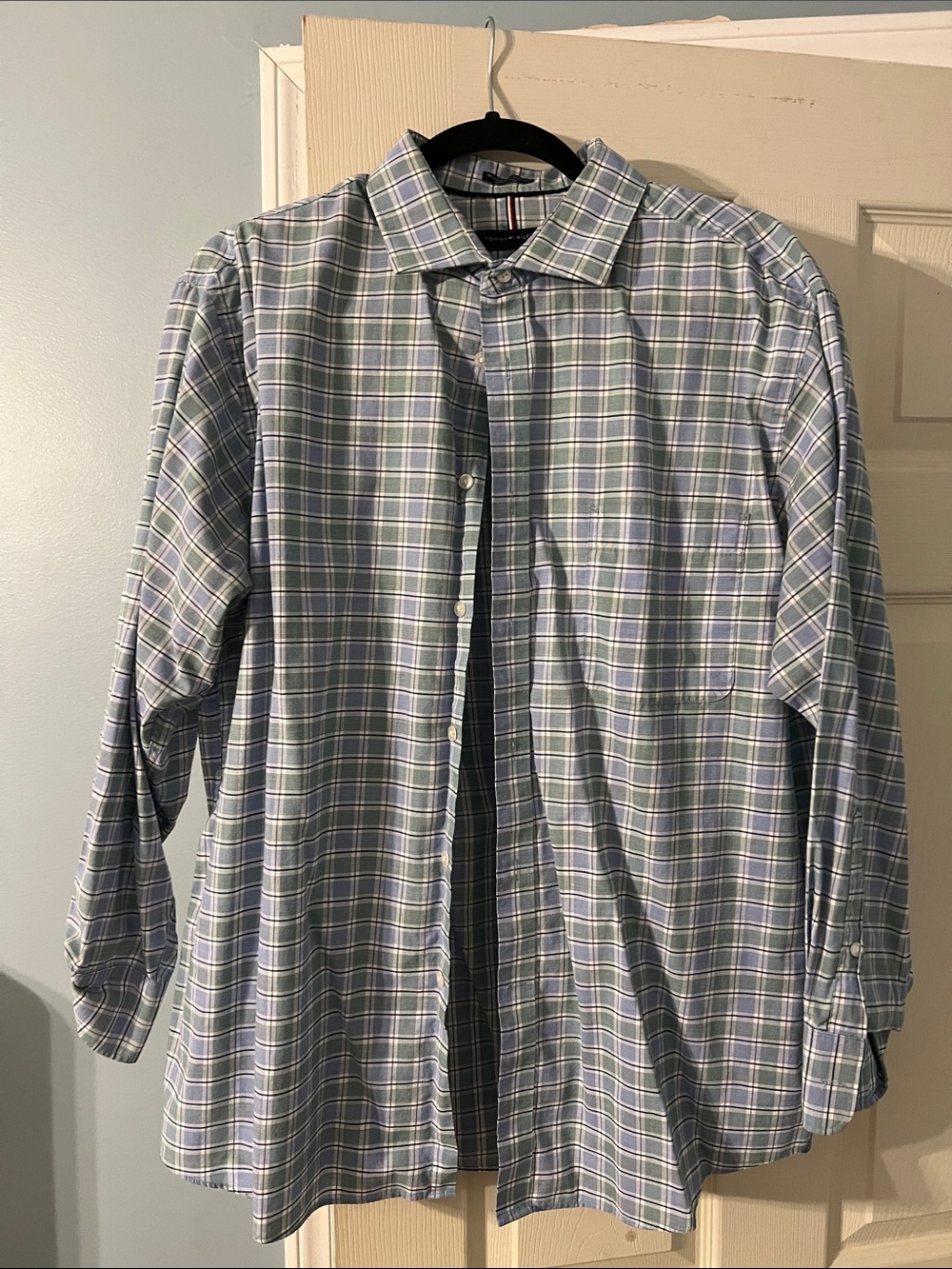 Tommy Hilfiger Light Blue and White Plaid Dress Shirt